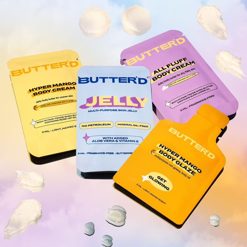 ITTY BITTY PACK - Mini Helly Jelly, All Fluff Body Cream, Hyper Mango Body Cream & Glaze - Sensitive Skin Care Set for Dry Skin Repair