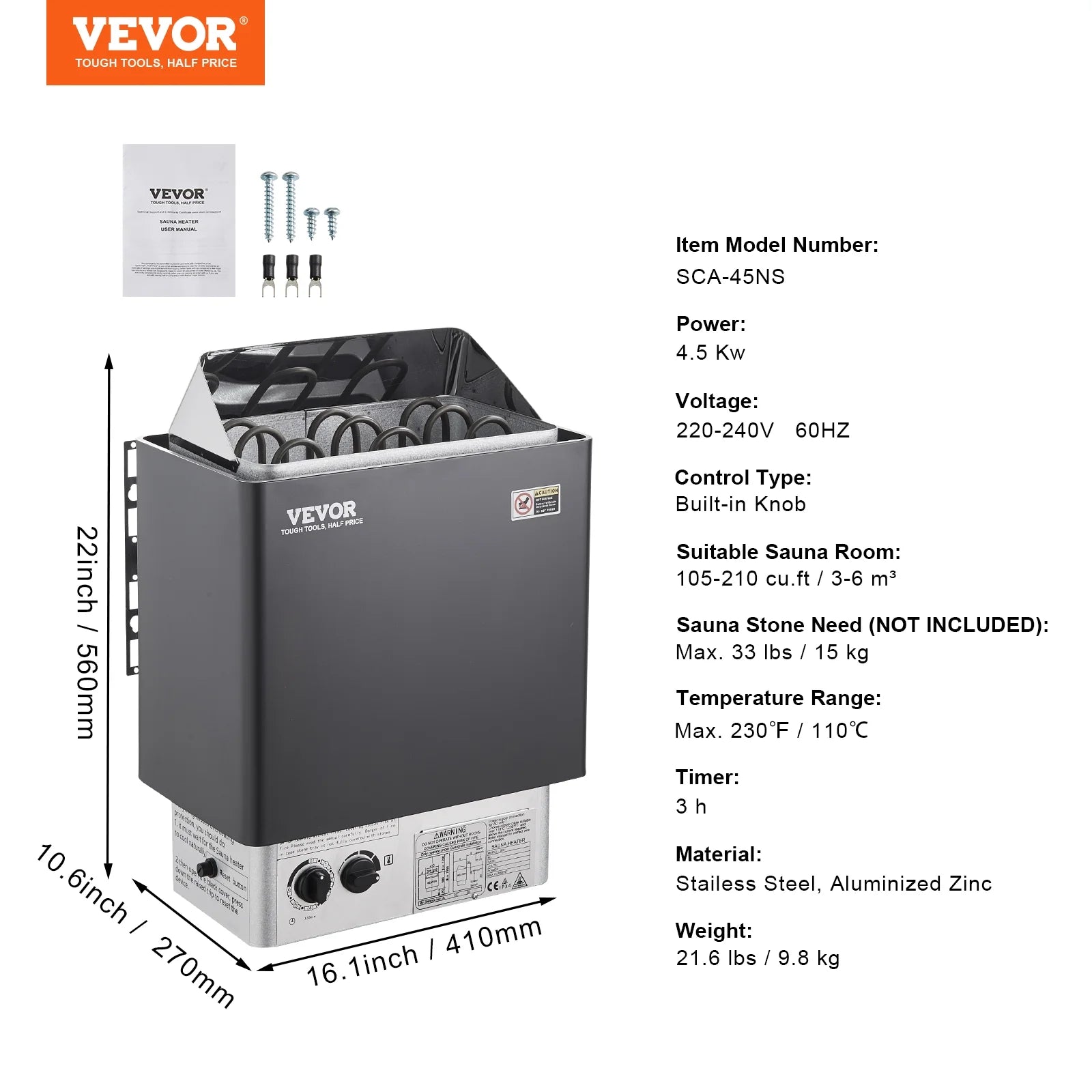 4.5KW Stainless Steel Sauna Heater, Wall-Mounted, 105-210 Cu.Ft, Internal Controller