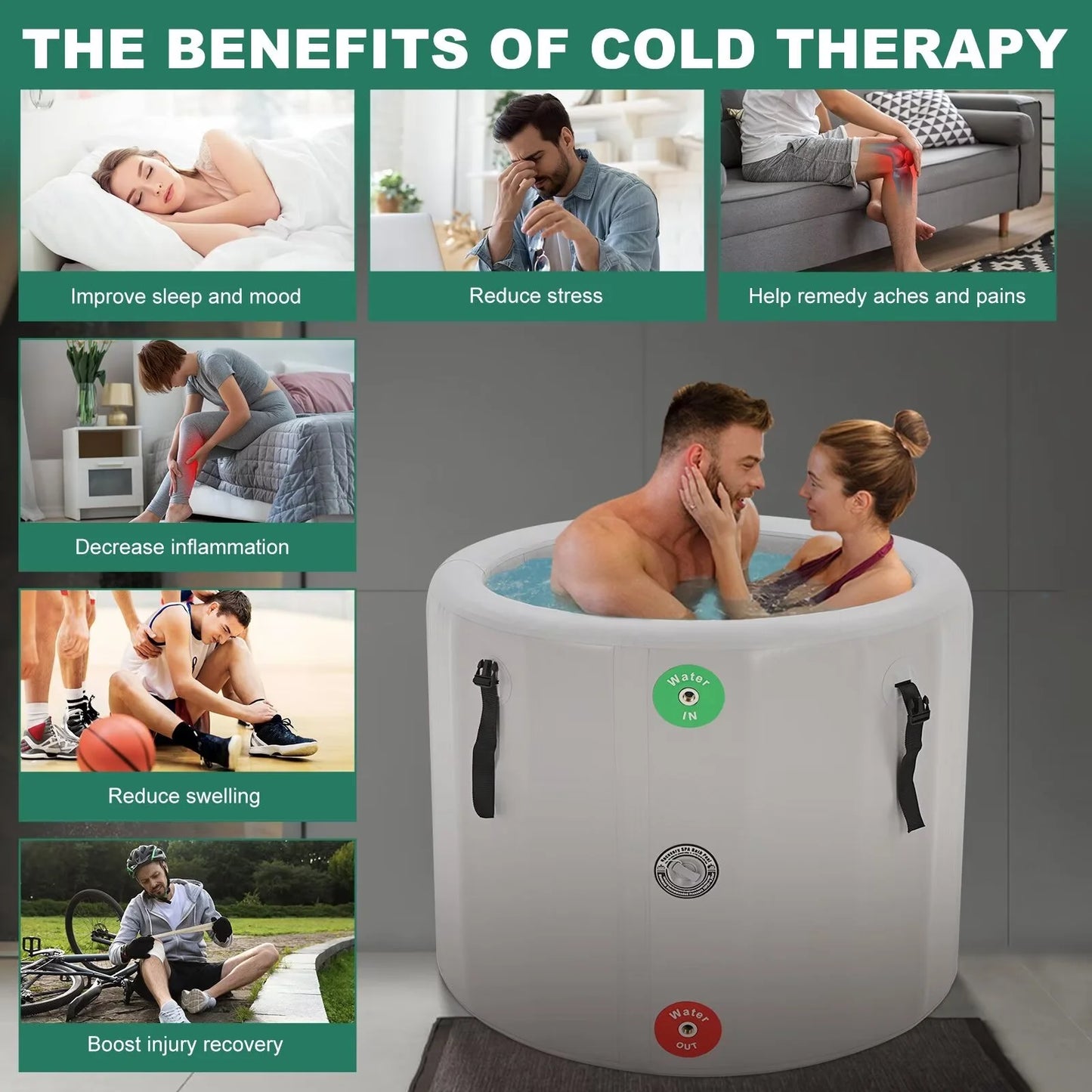 Sports Recovery Products Ice Bath Tub 185 Gal, Inflatable Oval Ice Bath Cold Plunge Tub for Athletes, Freestanding Soaking Tub, PVC Insulated Lid, Hand Pump and Repair Kit Included, Water Chiller Compatible