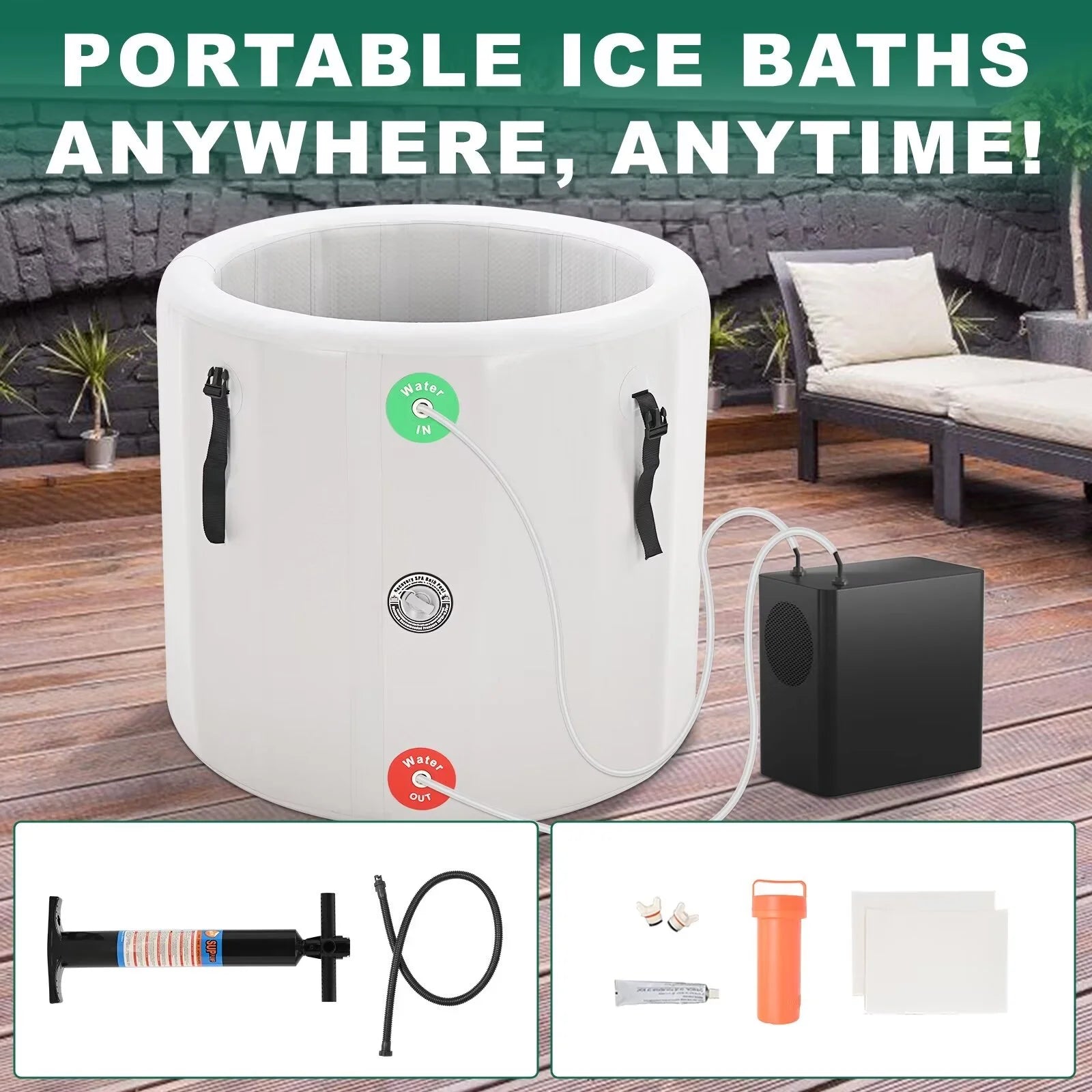 Sports Recovery Products Ice Bath Tub 185 Gal, Inflatable Oval Ice Bath Cold Plunge Tub for Athletes, Freestanding Soaking Tub, PVC Insulated Lid, Hand Pump and Repair Kit Included, Water Chiller Compatible