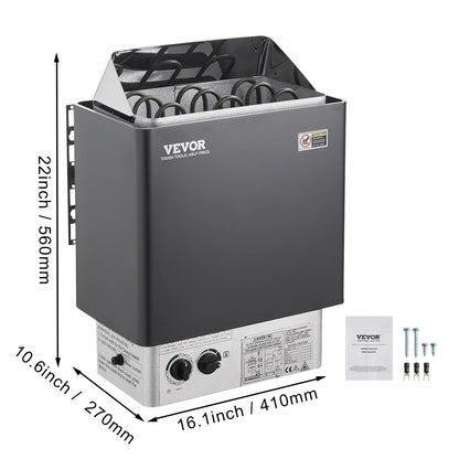 4.5KW Stainless Steel Sauna Heater, Wall-Mounted, 105-210 Cu.Ft, Internal Controller