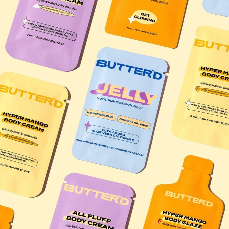 ITTY BITTY PACK - Mini Helly Jelly, All Fluff Body Cream, Hyper Mango Body Cream & Glaze - Sensitive Skin Care Set for Dry Skin Repair