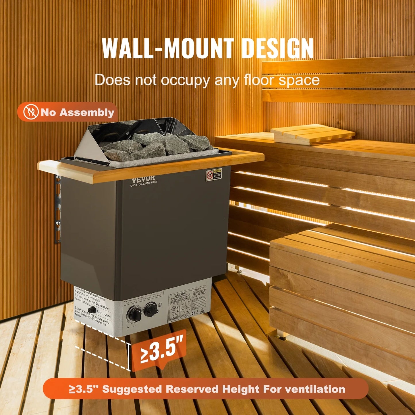 4.5KW Stainless Steel Sauna Heater, Wall-Mounted, 105-210 Cu.Ft, Internal Controller